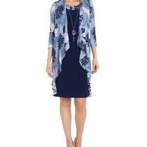 R & M Richards Womens Size 8 Blue Floral Flyaway 2-Piece Jacket Dress Necklace